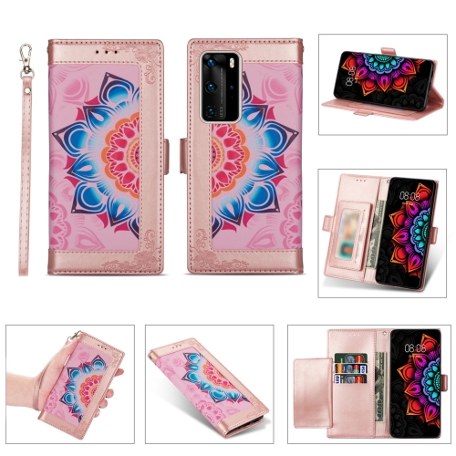 

For Huawei P40 Pro Printing Dual-color Half Mandala Pattern Dual-side Magnetic Buckle Horizontal Flip Leather Case with Holder & Card Slots & Wallet & Photo Frame & Lanyard(Rose Gold)