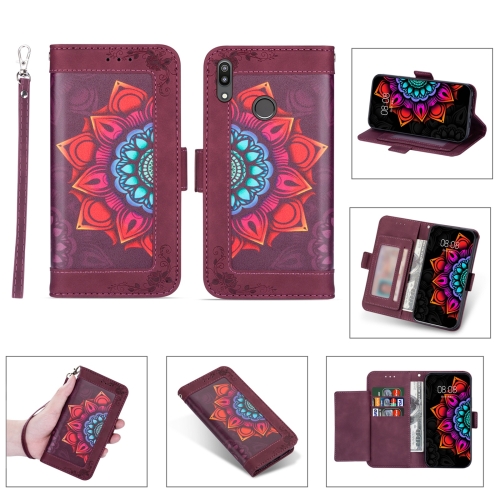 

For Huawei Y7 (2019) Printing Dual-color Half Mandala Pattern Dual-side Magnetic Buckle Horizontal Flip Leather Case with Holder & Card Slots & Wallet & Photo Frame & Lanyard(Wine Red)