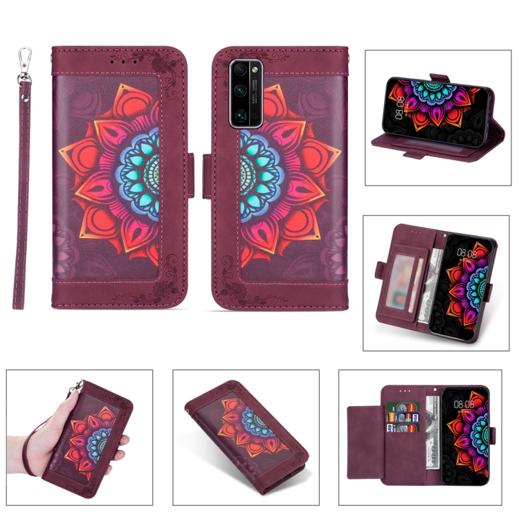 

For Huawei Honor 30 Pro Printing Dual-color Half Mandala Pattern Dual-side Magnetic Buckle Horizontal Flip Leather Case with Holder & Card Slots & Wallet & Photo Frame & Lanyard(Wine Red)