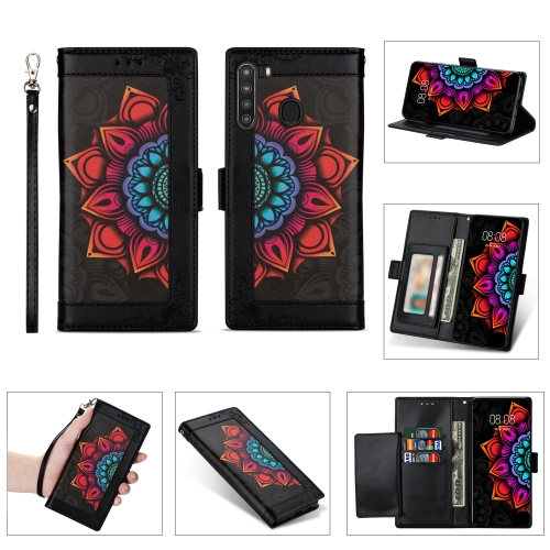 

For Samsung Galaxy A21 Printing Dual-color Half Mandala Pattern Dual-side Magnetic Buckle Horizontal Flip Leather Case with Holder & Card Slots & Wallet & Photo Frame & Lanyard(Black)