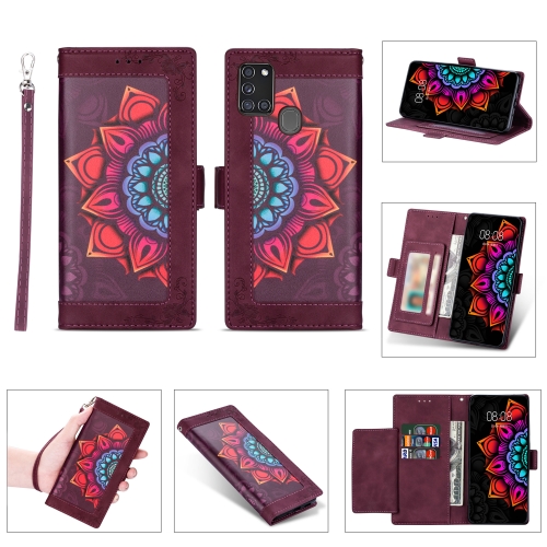 

For Samsung Galaxy A21s Printing Dual-color Half Mandala Pattern Dual-side Magnetic Buckle Horizontal Flip Leather Case with Holder & Card Slots & Wallet & Photo Frame & Lanyard(Wine Red)