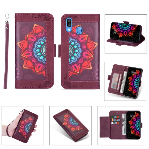 

For Samsung Galaxy A40 Printing Dual-color Half Mandala Pattern Dual-side Magnetic Buckle Horizontal Flip Leather Case with Holder & Card Slots & Wallet & Photo Frame & Lanyard(Wine Red)