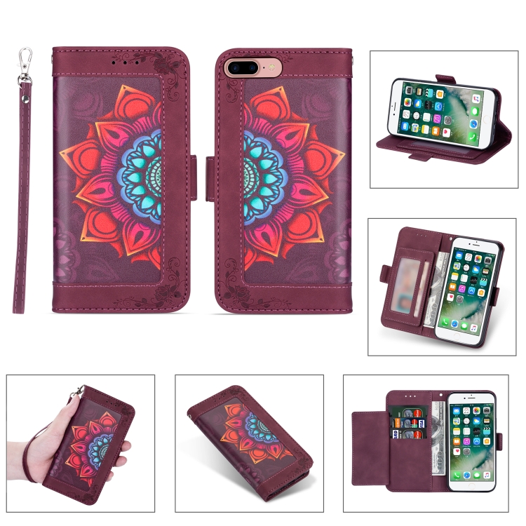 

Printing Dual-color Half Mandala Pattern Dual-side Magnetic Buckle Horizontal Flip Leather Case with Holder & Card Slots & Wallet & Photo Frame & Lanyard For iPhone 8 Plus / 7 Plus(Wine Red)