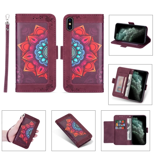 

Printing Dual-color Half Mandala Pattern Dual-side Magnetic Buckle Horizontal Flip Leather Case with Holder & Card Slots & Wallet & Photo Frame & Lanyard For iPhone XS / X(Wine Red)