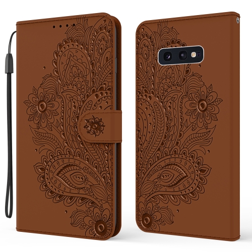 

For Samsung Galaxy S10e Peacock Embossed Pattern Horizontal Flip Leather Case with Holder & Card Slots & Wallet & Lanyard(Brown)