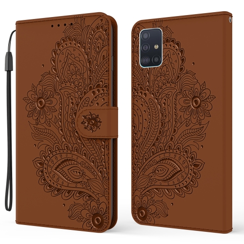 

For Samsung Galaxy A51 Peacock Embossed Pattern Horizontal Flip Leather Case with Holder & Card Slots & Wallet & Lanyard(Brown)