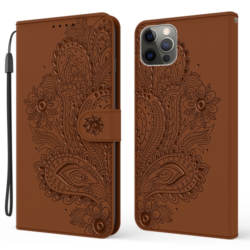 

For iPhone 12 Pro Peacock Embossed Pattern Horizontal Flip Leather Case with Holder & Card Slots & Wallet & Lanyard(Brown)