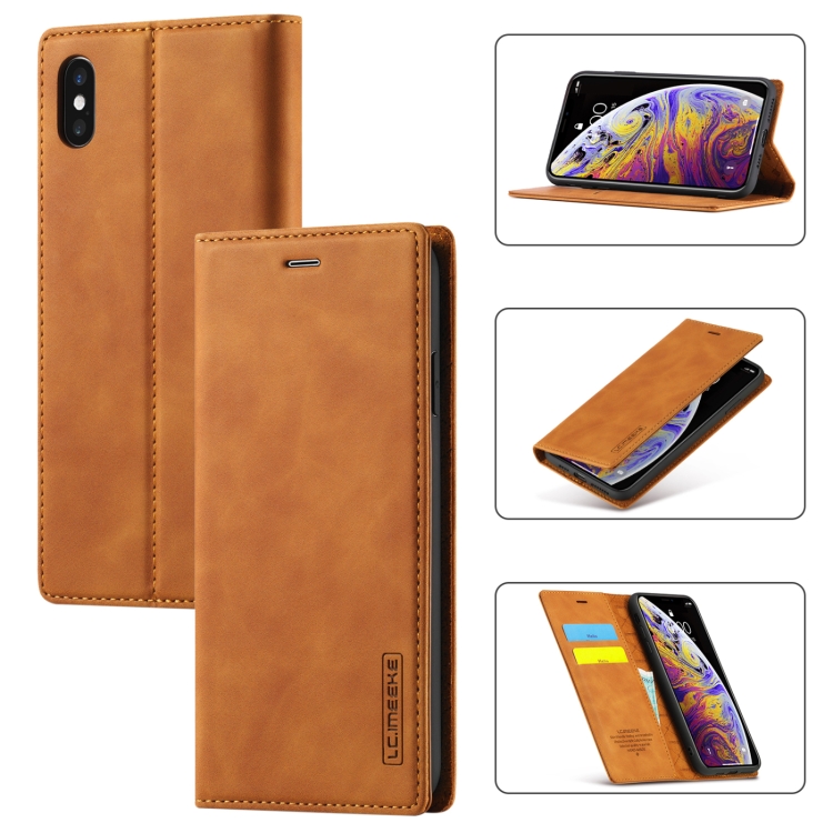 

LC.IMEEKE Strong Magnetism Ultra-thin Horizontal Flip Shockproof Matte TPU + PU Leather Case with Holder & Card Slots & Wallet For iPhone XS Max(Brown)