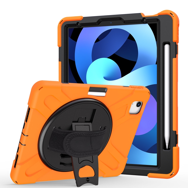 

For iPad Air (2020) 10.9 360 Degree Rotation PC + Silicone Protective Case with Holder & Hand-strap(Orange)