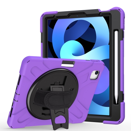 

For iPad Air (2020) 10.9 360 Degree Rotation PC + Silicone Protective Case with Holder & Hand-strap(Purple)