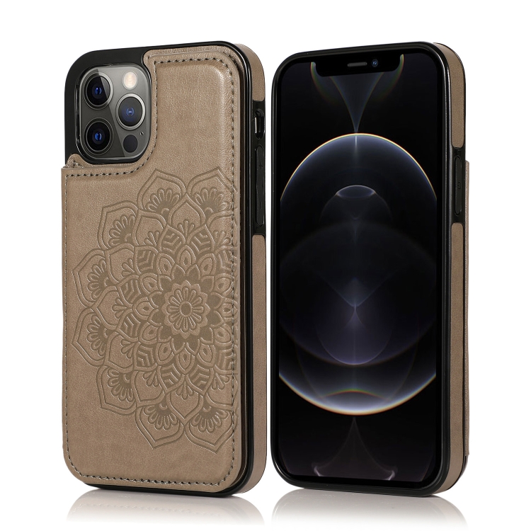 

Double Buckle Mandala Pattern PU+TPU Protective Case with Card Slots & Holder & Photo Frame For iPhone 12 / 12 Pro(Grey)