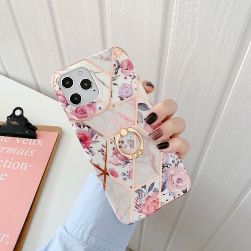 

Plating Splicing Pattern Soft TPU Protective Case With Stand Ring Holder For iPhone 11 Pro Max(Stitching Retro Flowers)