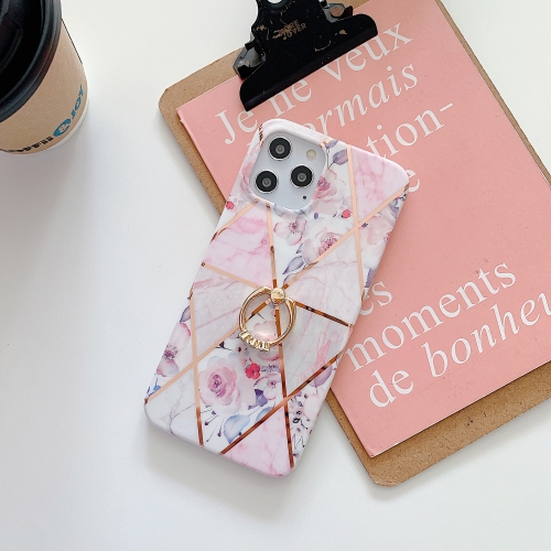 

Plating Splicing Pattern Soft TPU Protective Case With Stand Ring Holder For iPhone 12 Mini(Stitching Pink Flowers)