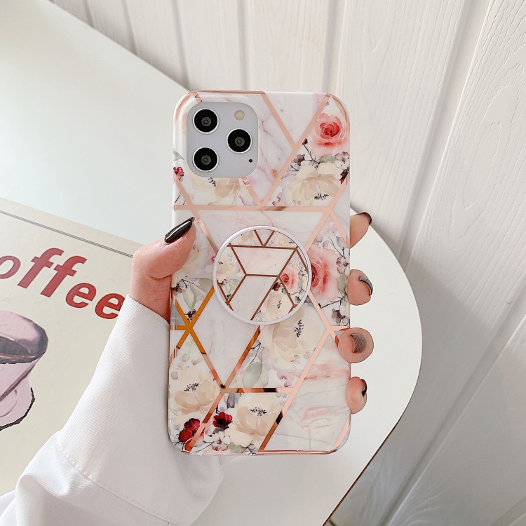 

Electroplating Stitching Pattern Soft TPU Protective Case With Folding Holder For iPhone 12 / 12 Pro(Stitching White Flowers)