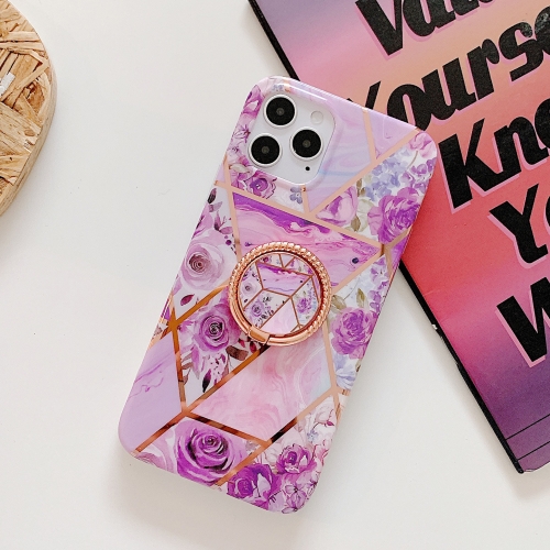 

Electroplating Stitching Pattern Soft TPU Protective Case with Rose Gold Stand Ring Holder For iPhone 11(Stitching Purple Flowers)