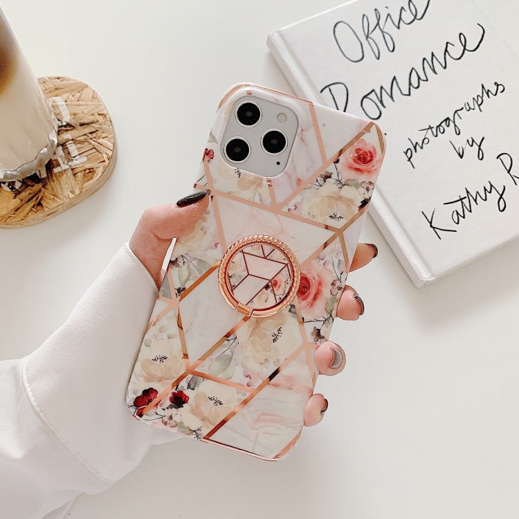 

Electroplating Stitching Pattern Soft TPU Protective Case with Rose Gold Stand Ring Holder For iPhone 11 Pro Max(Stitching White Flowers)