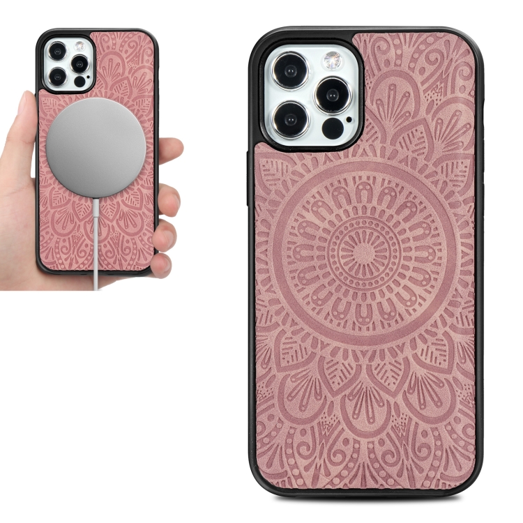 

Mandala Embossed Pattern PU Leather Skin Magnetic Patch TPU Shockproof Case For iPhone 12 / 12 Pro(Pink)