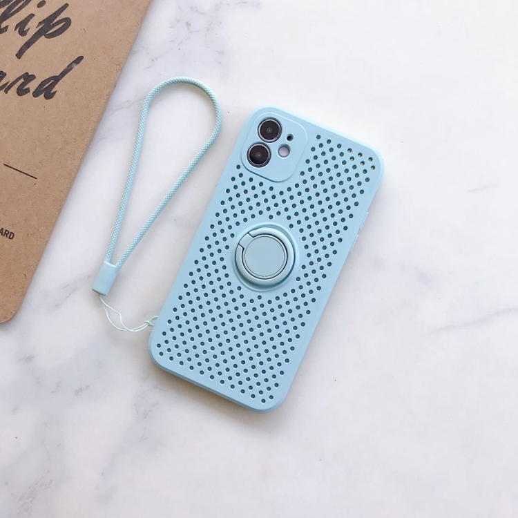

Liquid Silicone Shockproof Cooling Mesh Case with Magnetic Ring Holder & Lanyard For iPhone 11(Light Blue)