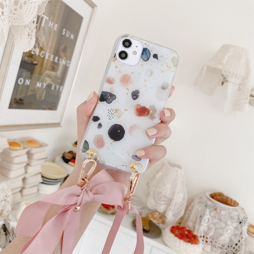 

Gold Foil Style Dropping Glue Ribbon Bow TPU Protective Case with Neck Strap For iPhone 11 Pro(Ink Dot)