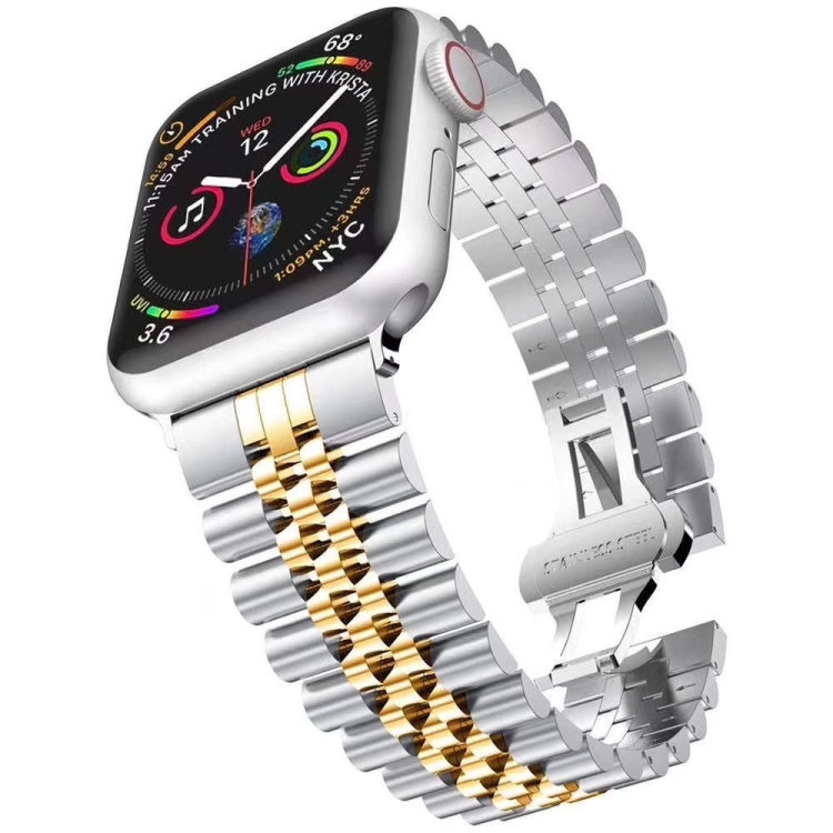 

Metal Five Baht Replacement Steel Strap Watchband For Apple Watch Series 6 & SE & 5 & 4 40mm / 3 & 2 & 1 38mm(Between Gold)