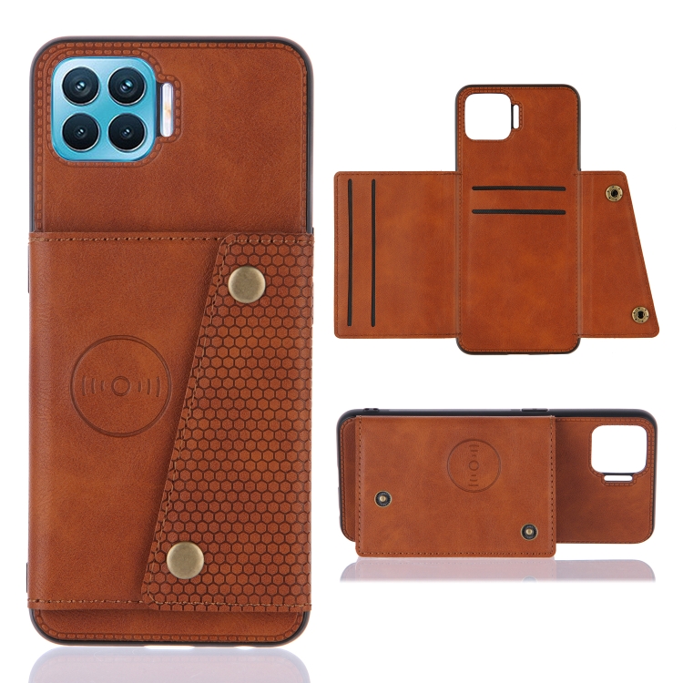 

For OPPO F17 Pro Double Buckle PU + TPU Shockproof Magnetic Protective Case with Card Slots & Holder(Light Brown)