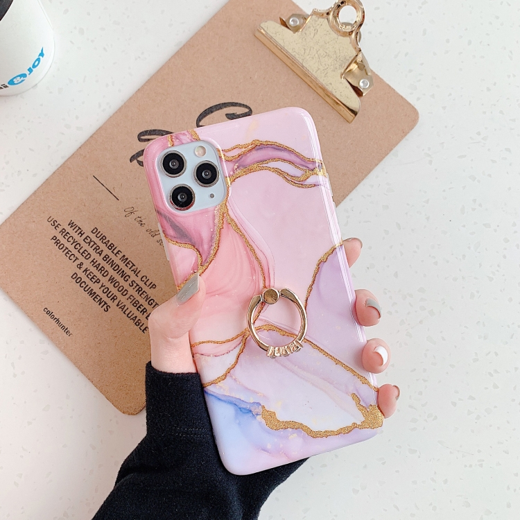 

Irregular Marble Pattern Shockproof Protective Case with Ring Holder For iPhone 12 / 12 Pro(Shining Gold Pink)
