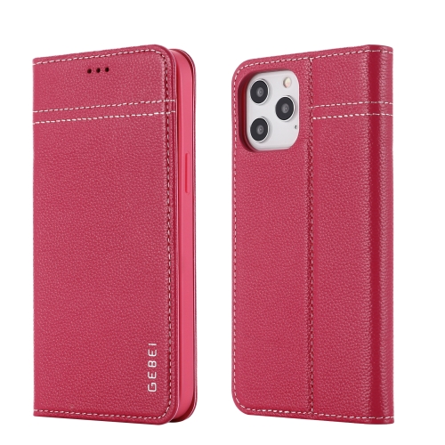 

GEBEI Top-grain Leather Horizontal Flip Protective Case with Holder & Card Slots For iPhone 12 / 12 Pro(Rose Red)