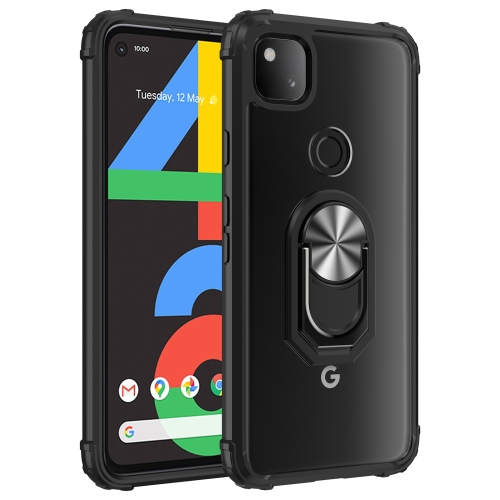 

For Google Pixel 4a Shockproof Transparent TPU + Acrylic Protective Case with Ring Holder(Black and Silver)