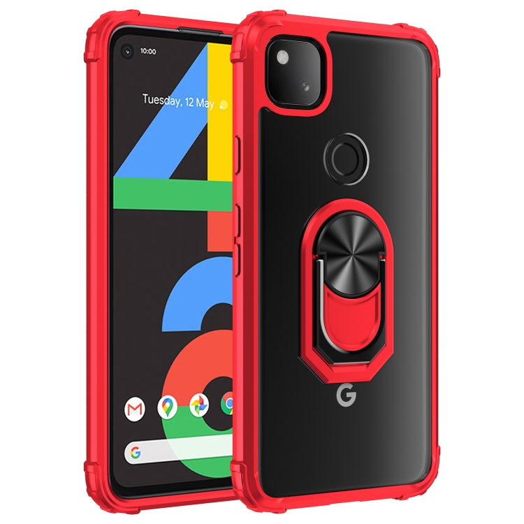 

For Google Pixel 4a Shockproof Transparent TPU + Acrylic Protective Case with Ring Holder(Red)