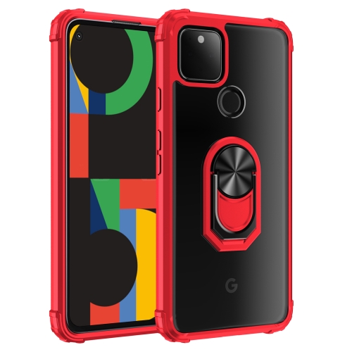 

For Google Pixel 5 XL Shockproof Transparent TPU + Acrylic Protective Case with Ring Holder(Red)
