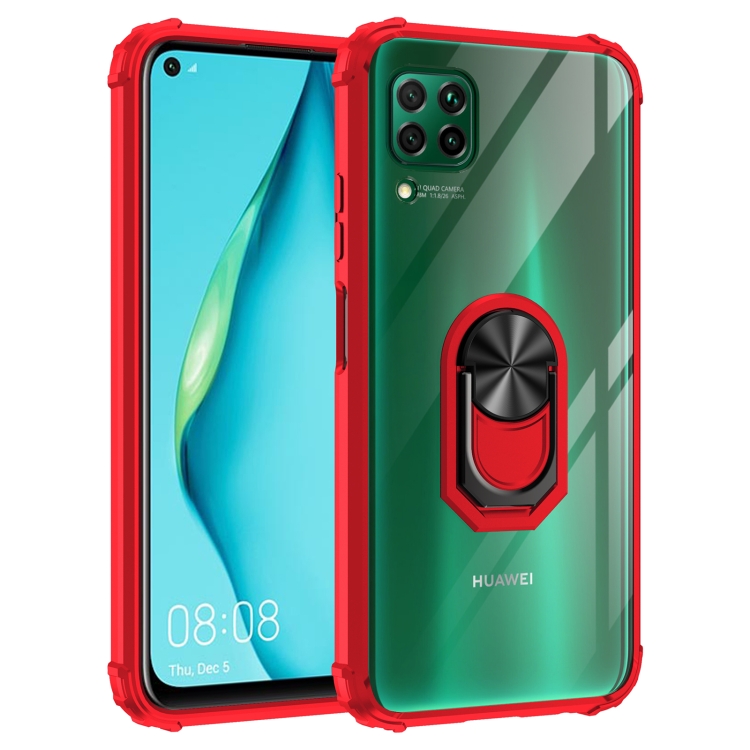 

For Huawei P40 Lite Shockproof Transparent TPU + Acrylic Protective Case with Ring Holder(Red)