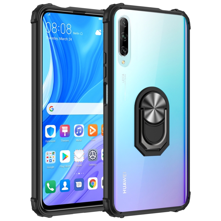 

For Huawei Y9s Shockproof Transparent TPU + Acrylic Protective Case with Ring Holder(Black and Silver)