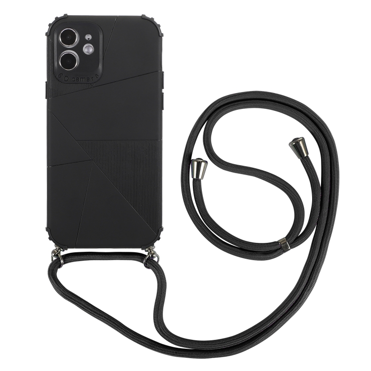 

Geometric Stitching Skin Feeling Stripe TPU Shockproof Case with Neck Lanyard For iPhone 12 mini(Black)