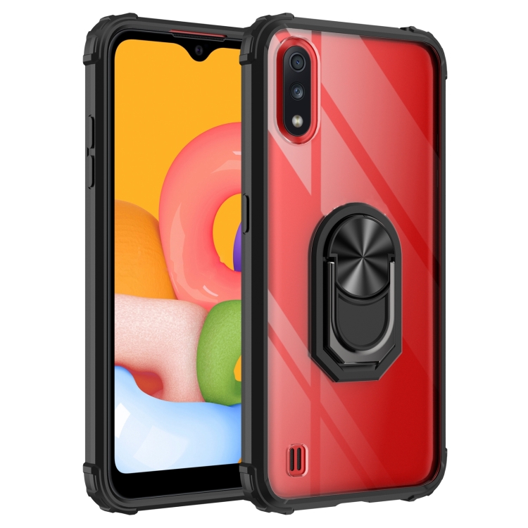 

For Samsung Galaxy A01(US Version) Shockproof Transparent TPU + Acrylic Protective Case with Ring Holder(Black)