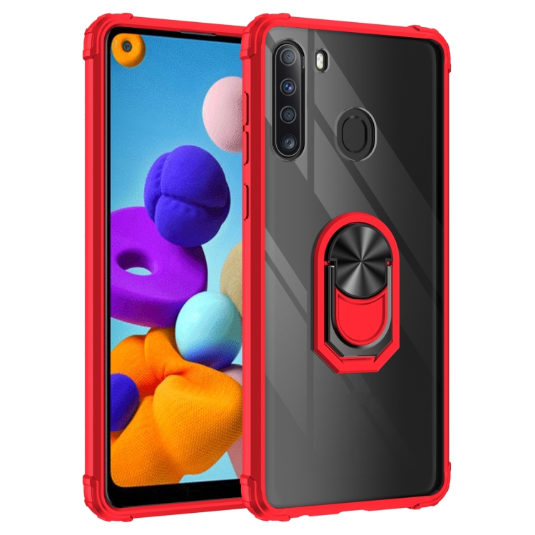 

For Samsung Galaxy A21 Shockproof Transparent TPU + Acrylic Protective Case with Ring Holder(Red)
