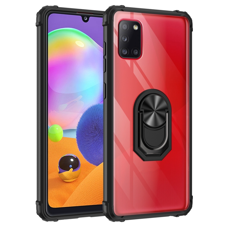 

For Samsung Galaxy A31 Shockproof Transparent TPU + Acrylic Protective Case with Ring Holder(Black)