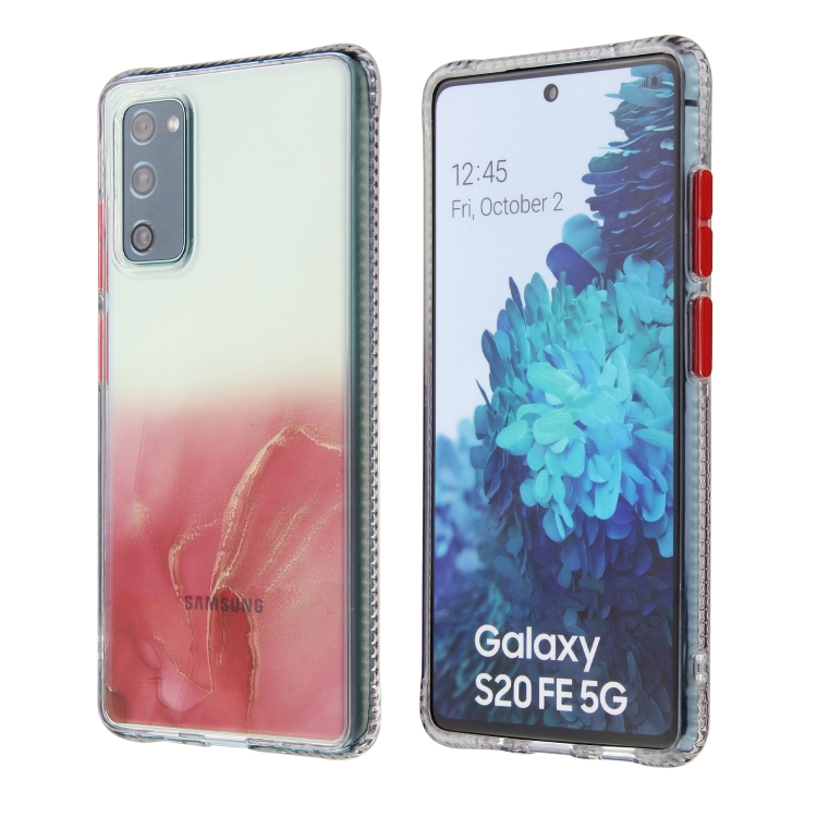 

For Samsung Galaxy S20 FE Marble Pattern Glittery Powder Shockproof TPU Case with Detachable Buttons(Red)