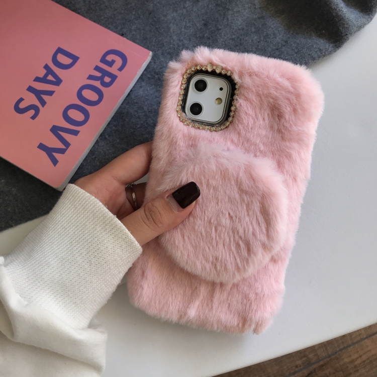 

Plush Shockproof Case with Mirror Holder For iPhone 12 mini(Pink)