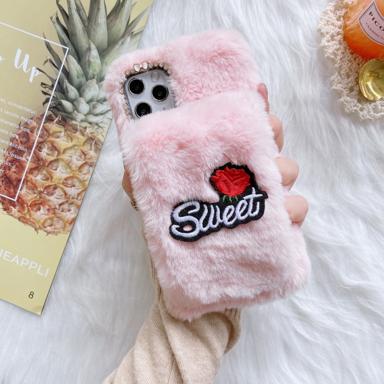 

Rose Flower Hand Warmer Plush Shockproof TPU Case For iPhone 12 Pro Max(Pink)