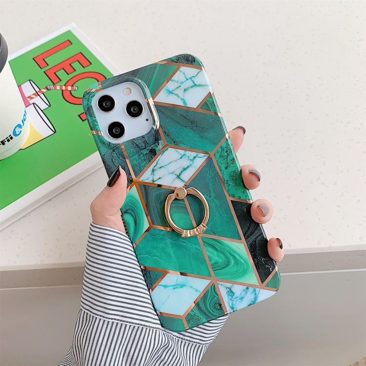 

Plating Marble Pattern Soft TPU Protective Case with Ring Holder For iPhone 12 / 12 Pro(Dark Green Lattice)