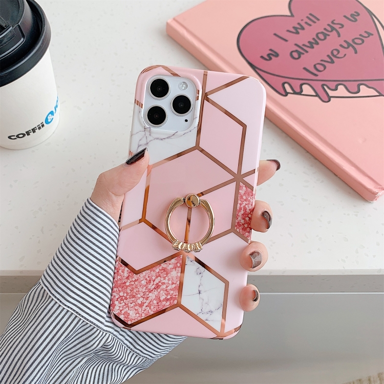 

Plating Marble Pattern Soft TPU Protective Case with Ring Holder For iPhone 11 Pro Max(Pink Lattice)