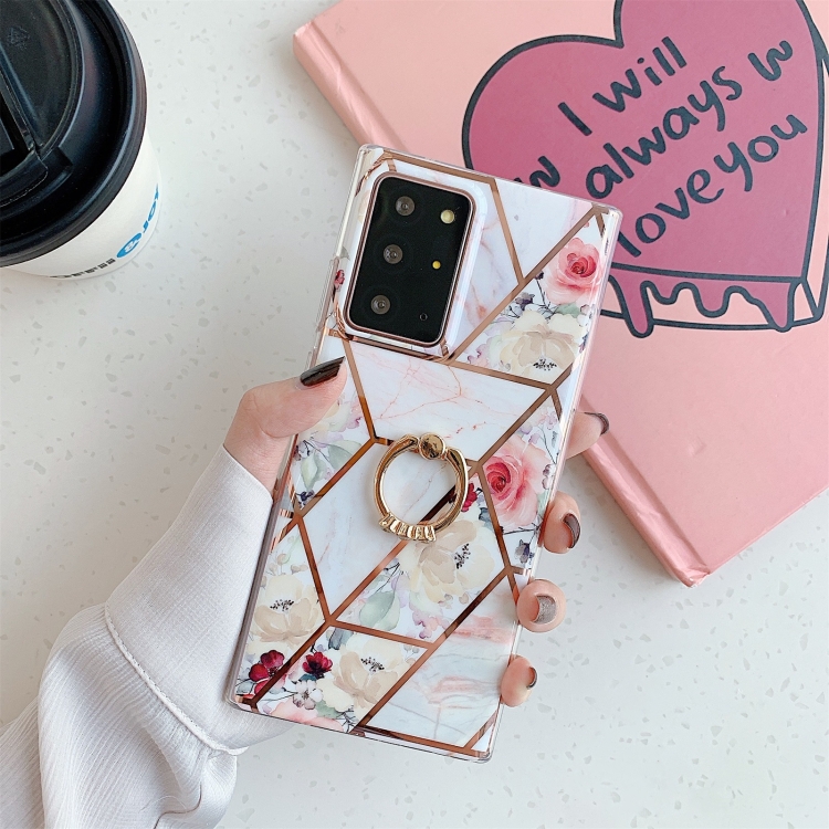 

For Samsung Galaxy A41 (EU Version) Electroplating Stitching Pattern Soft TPU Protective Case with Ring Holder(Stitching White Flowers)