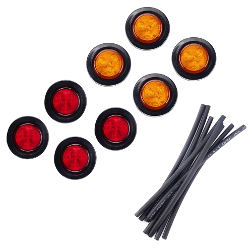 

8 PCS Truck Trailer Red & Amber LED 2 inch Round Side Marker Clearance Tail Light Kits with Heat Shrink Tube