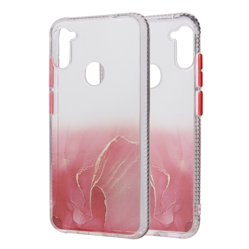 

For Samsung Galaxy A11 Marble Pattern Glittery Powder Shockproof TPU Case with Detachable Buttons(Red)