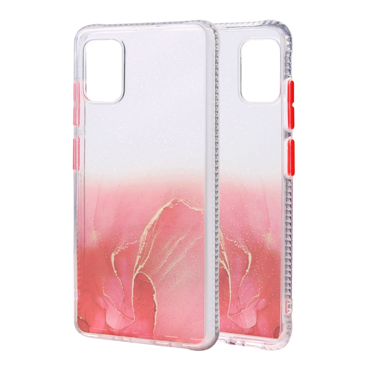

For Samsung Galaxy A51 Marble Pattern Glittery Powder Shockproof TPU Case with Detachable Buttons(Red)