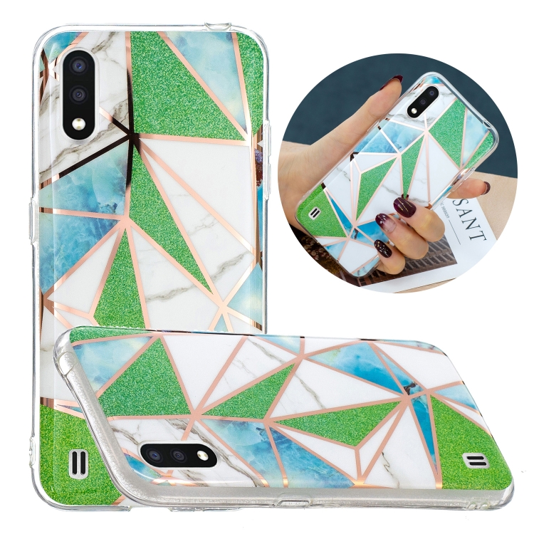 

For Samsung Galaxy A01 Flat Plating Splicing Gilding Protective Case(Green Triangle Body Color Matching)
