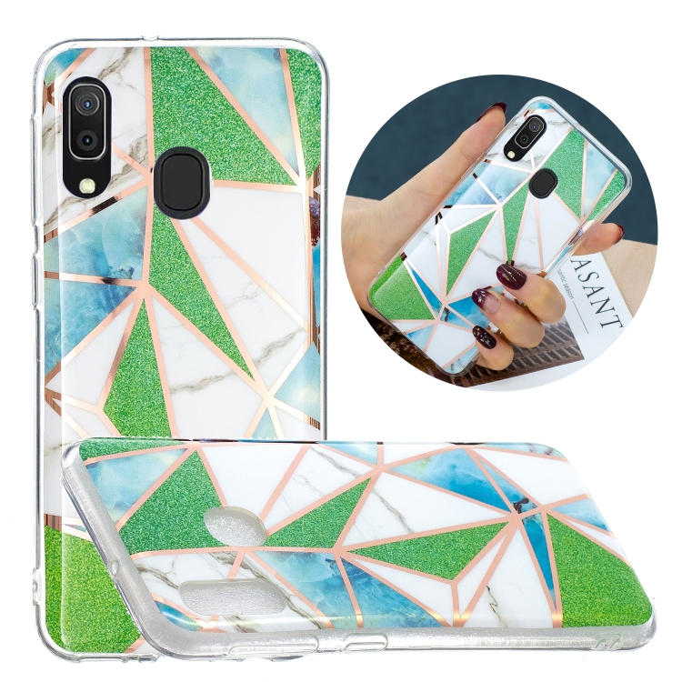 

For Samsung Galaxy A20e Flat Plating Splicing Gilding Protective Case(Green Triangle Body Color Matching)