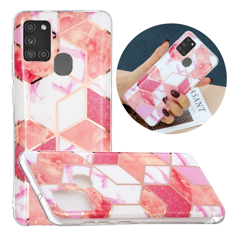 

For Samsung Galaxy A21s Flat Plating Splicing Gilding Protective Case(Cherry Glitter Color Matching)