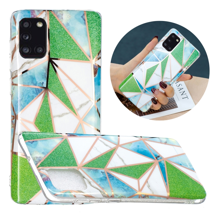 

For Samsung Galaxy A31 Flat Plating Splicing Gilding Protective Case(Green Triangle Body Color Matching)