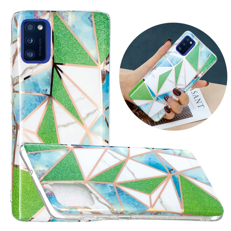 

For Samsung Galaxy A41 Flat Plating Splicing Gilding Protective Case(Green Triangle Body Color Matching)